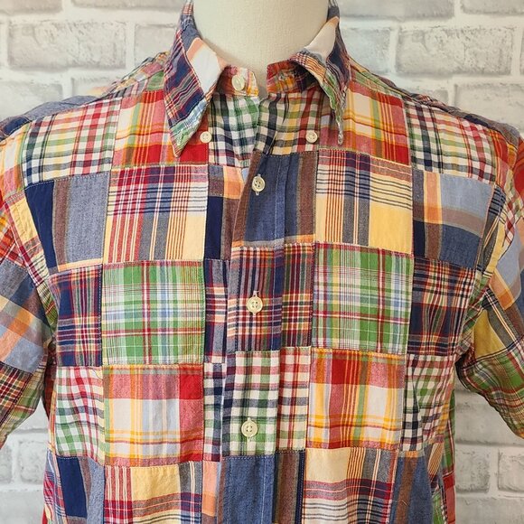 Brooks Brothers 346 Button Patchwork Cotton Madras Shirt Short Sleeve Preppy M - Picture 1 of 7
